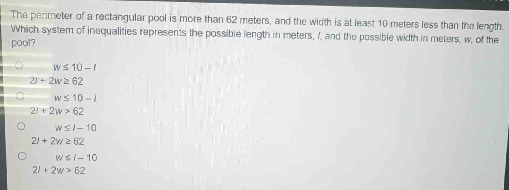 the perimeter of a rectangular pool is more than 62 meters, and the wid…