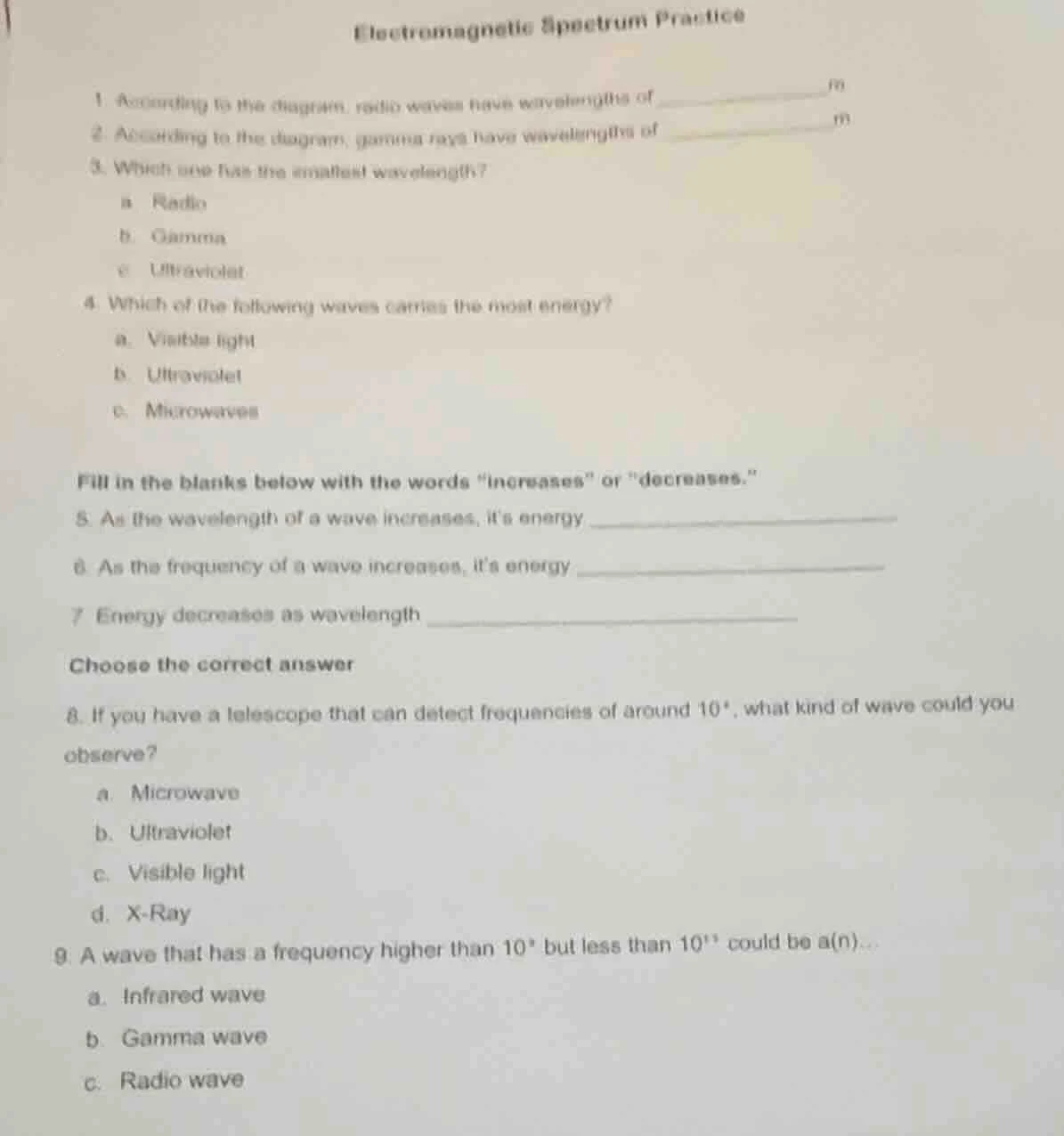 electromagnetic spectrum practice 1. according to the diagram, radio wa…