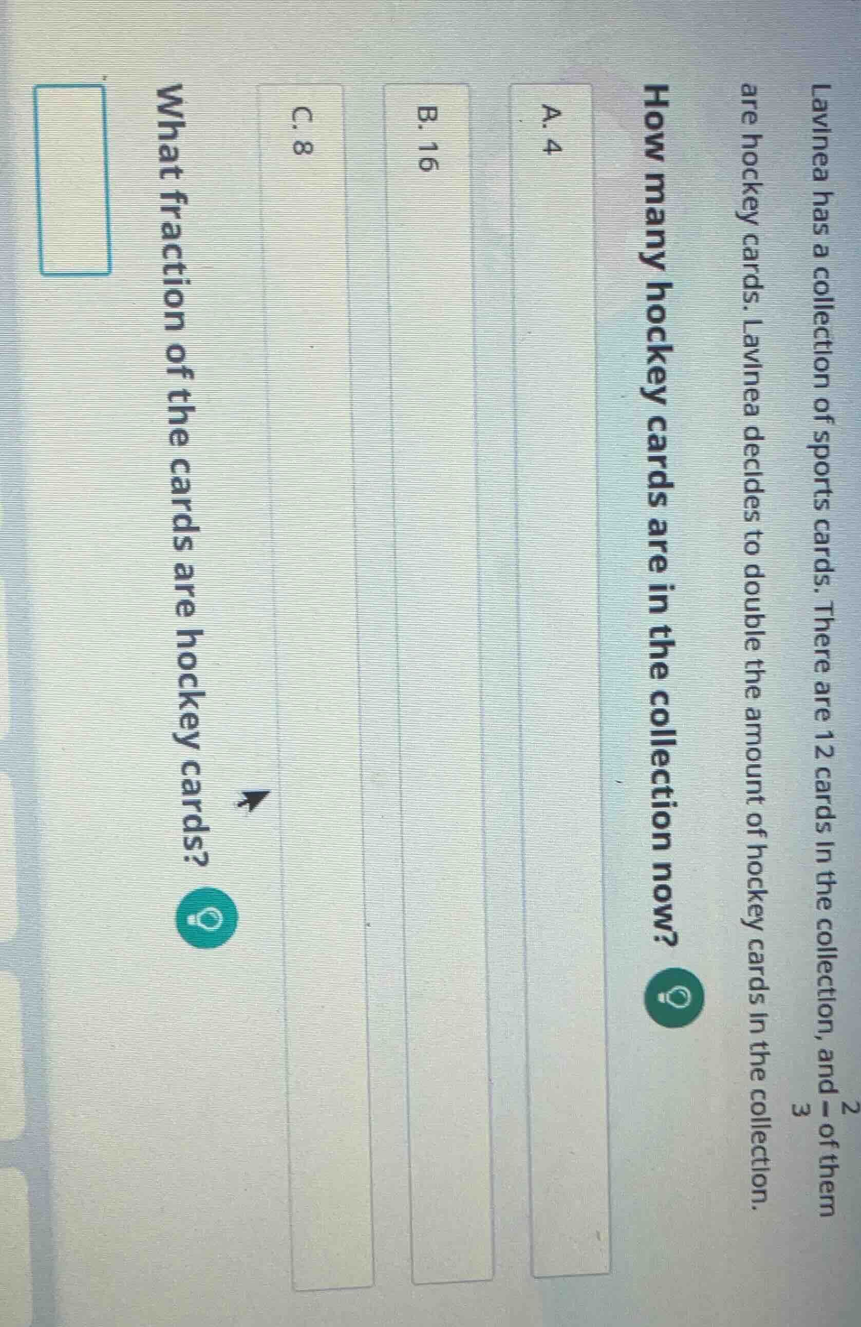 lavinea has a collection of sports cards. there are 12 cards in the col…