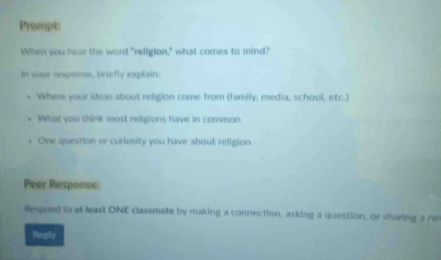 prompt:when you hear the word eligion,\ what comes to mind?in your resp…