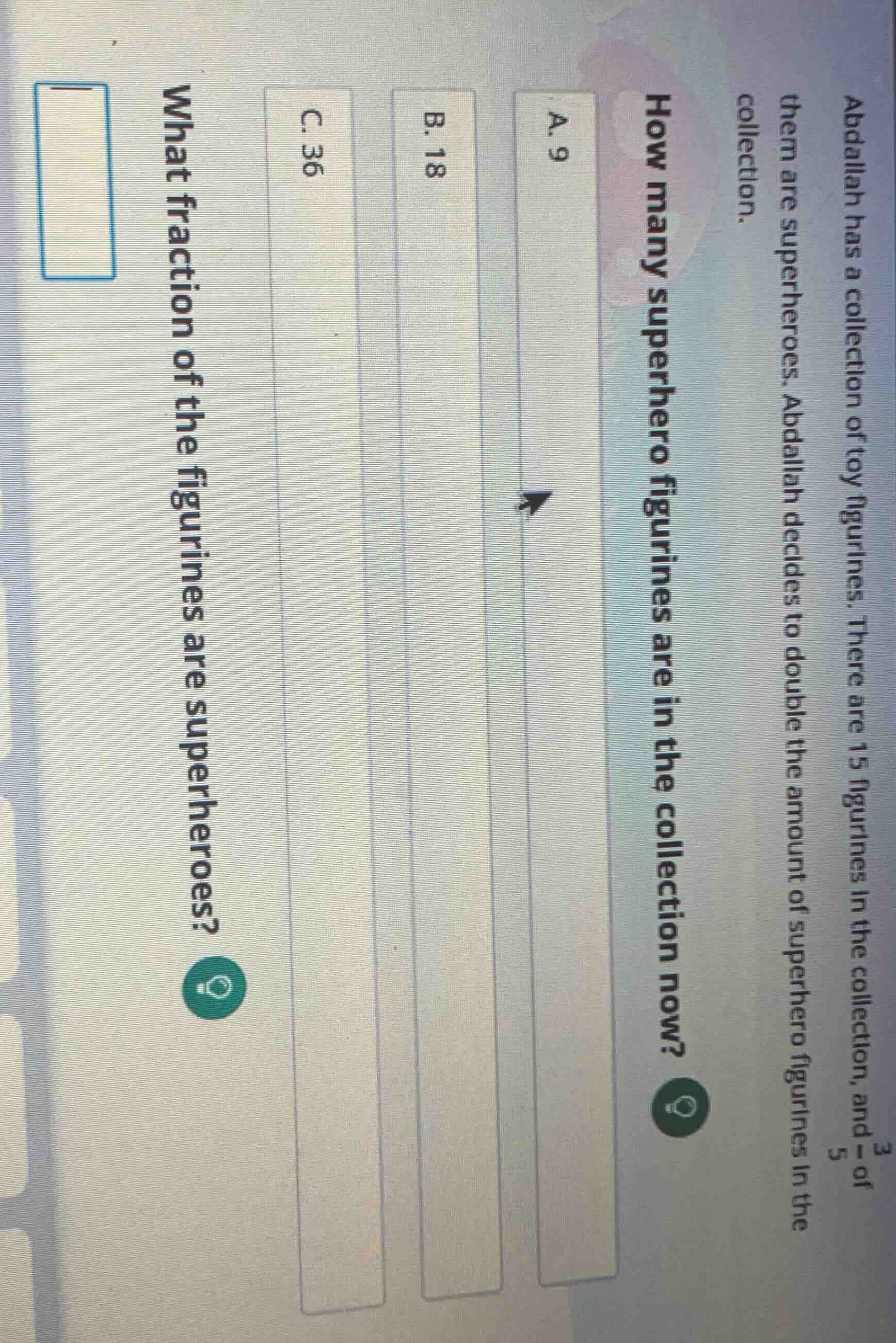 abdallah has a collection of toy figurines. there are 15 figurines in t…