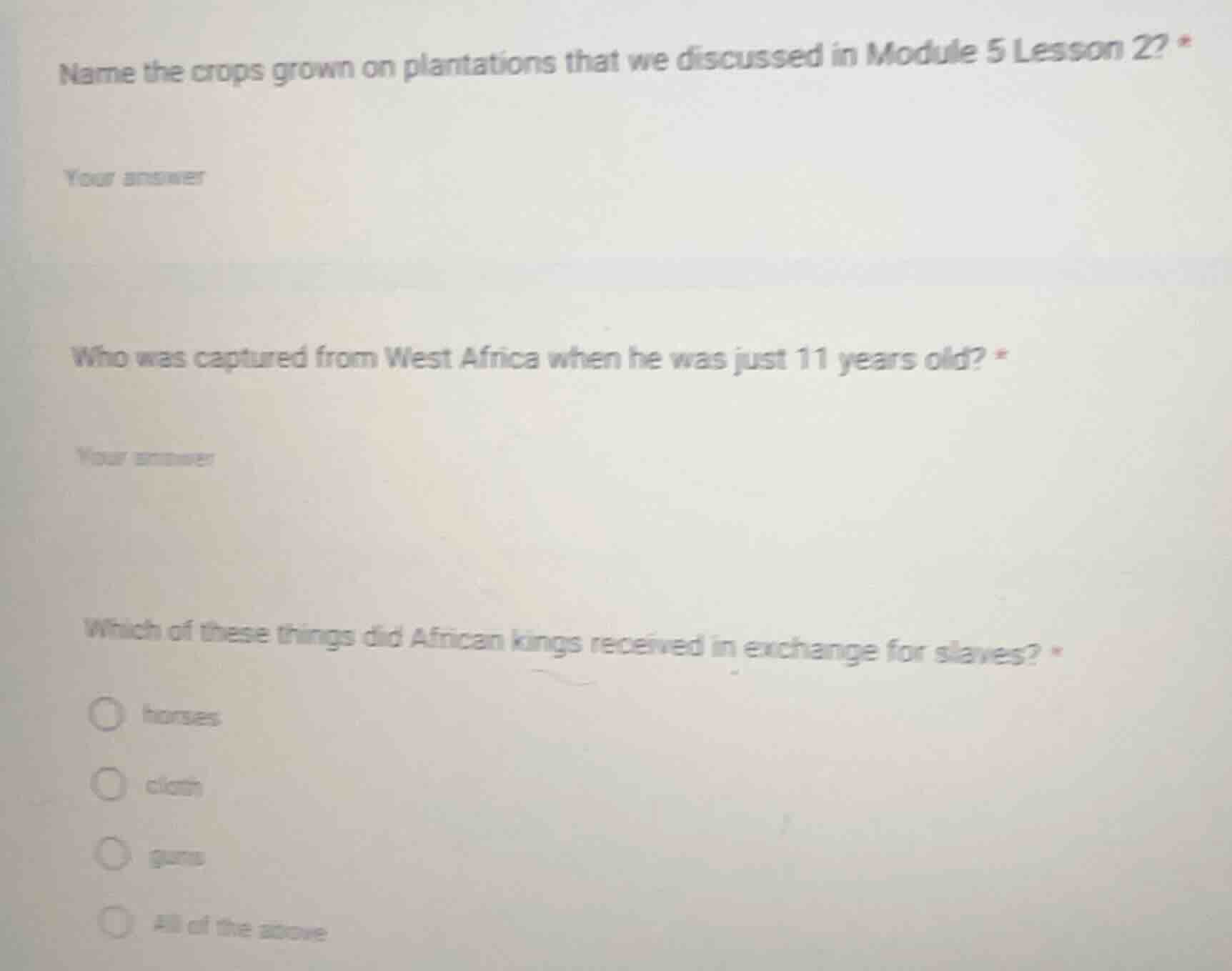 name the crops grown on plantations that we discussed in module 5 lesso…