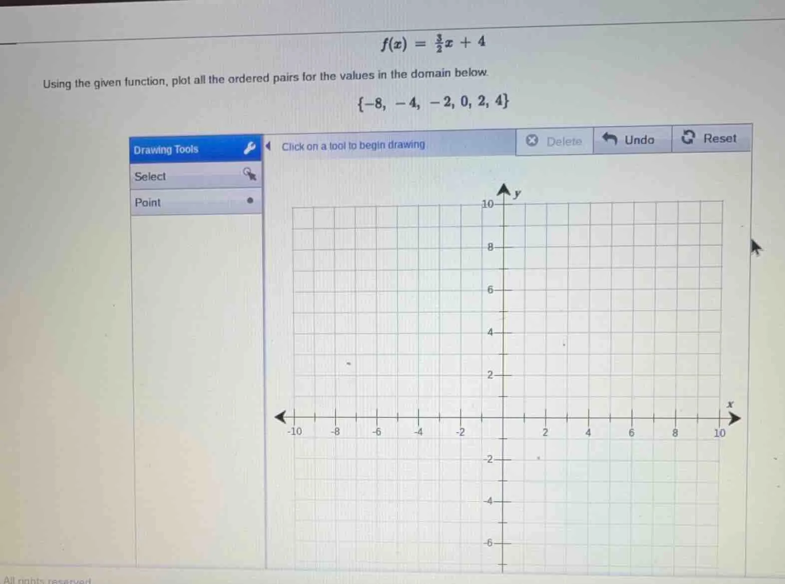 $f(x) = \\frac{3}{2}x + 4$ using the given function, plot all the order…