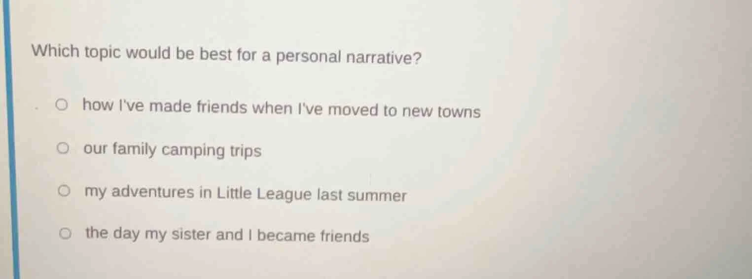which topic would be best for a personal narrative?○ how ive made frien…