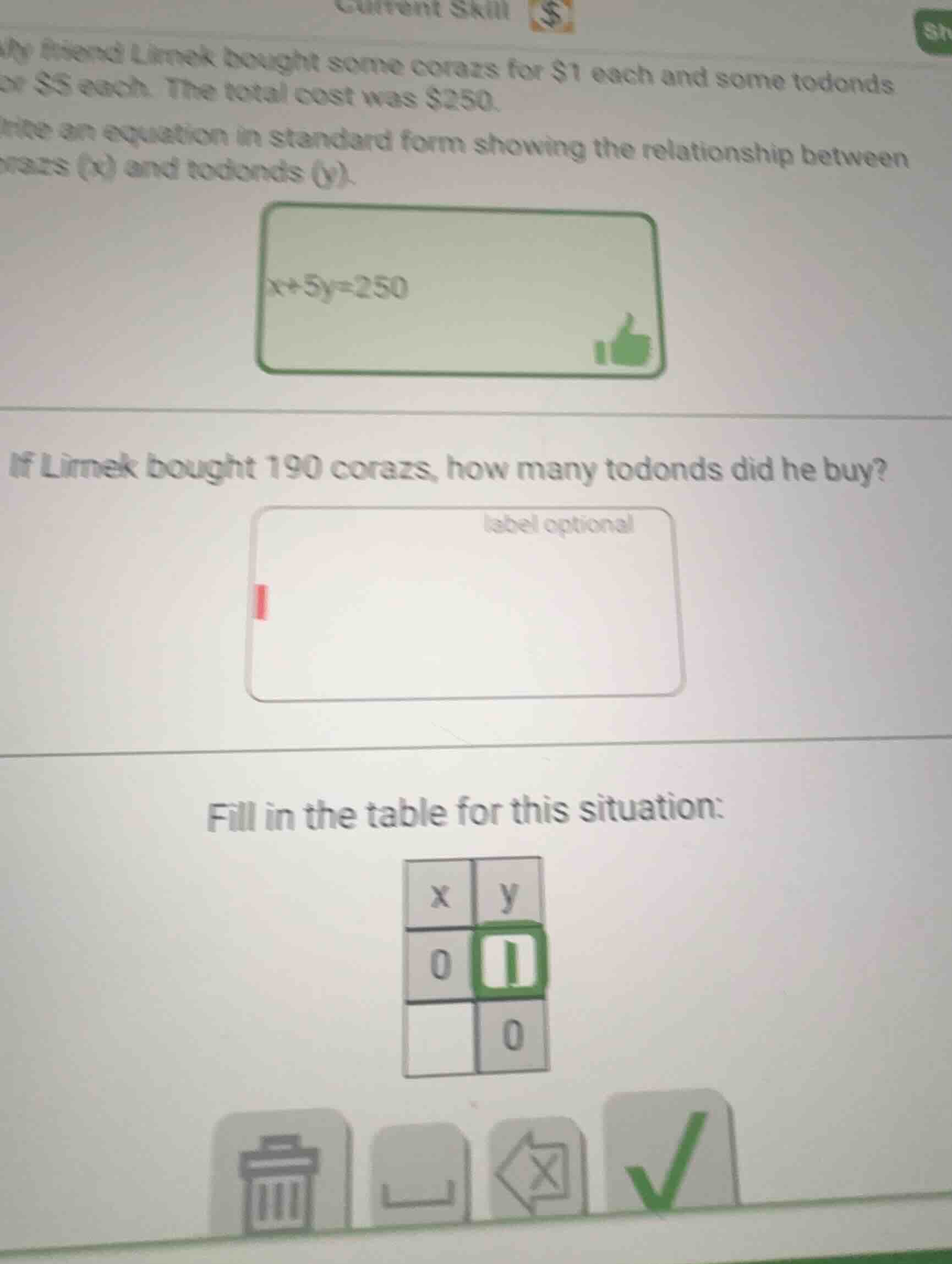 my friend lirnek bought some corazs for $1 each and some todonds for $5…