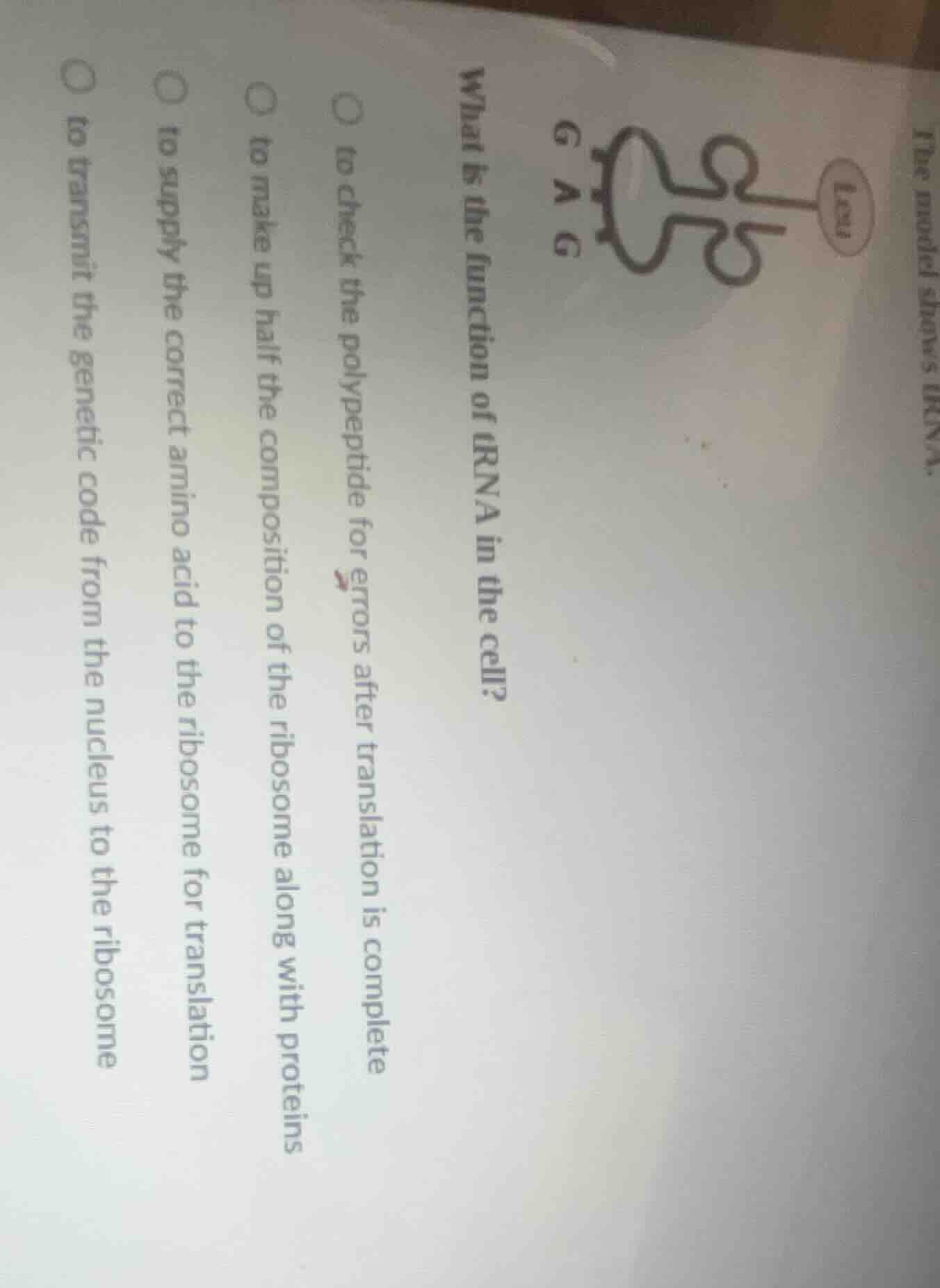 the model shows trna. what is the function of trna in the cell? ○ to ch…