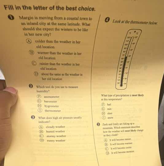 fill in the letter of the best choice. 1 margie is moving from a coasta…