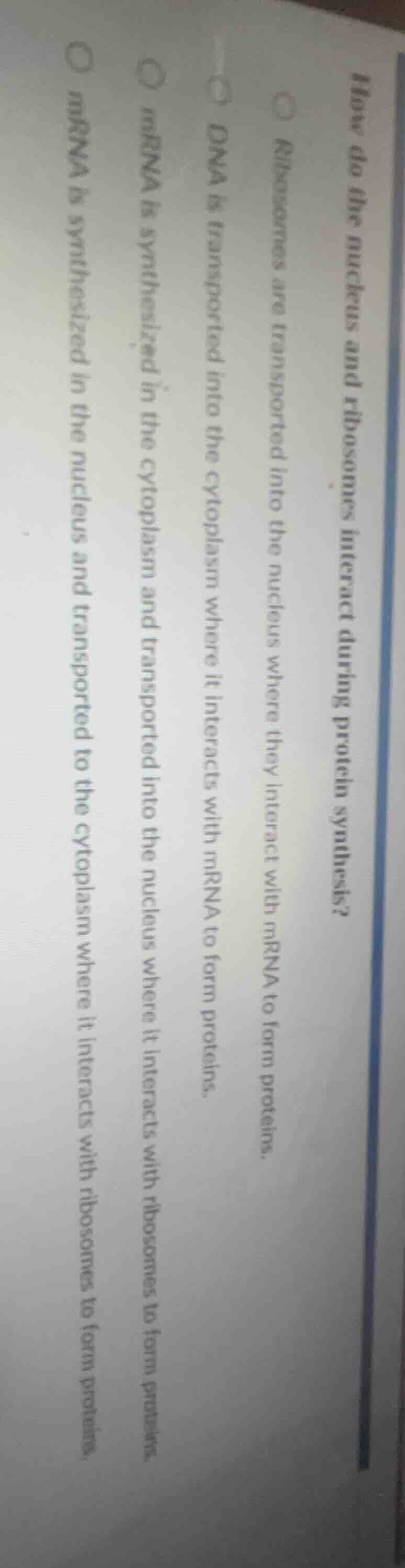 how do the nucleus and ribosomes interact during protein synthesis?○ ri…