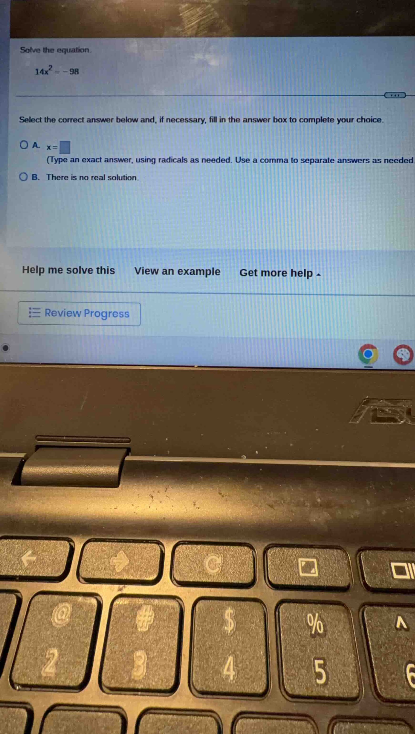 solve the equation.$14x^2 = -98$select the correct answer below and, if…