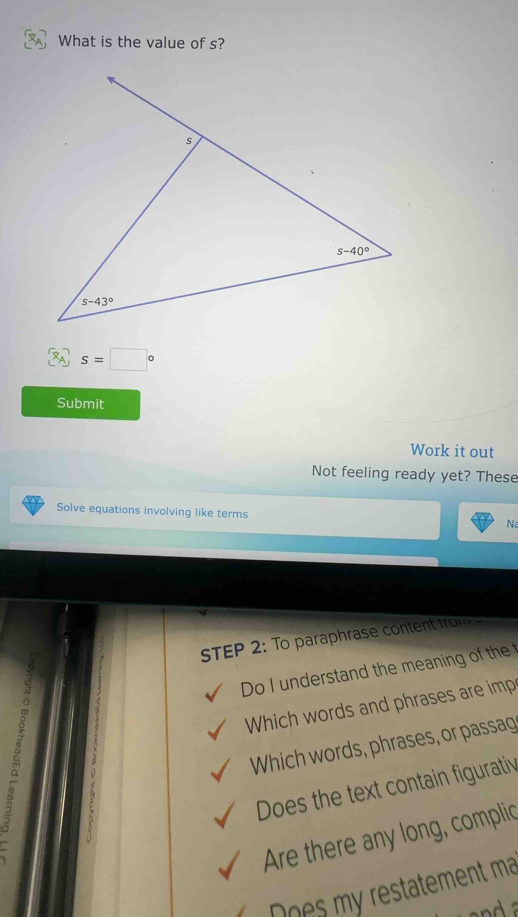what is the value of s? $s-43\\degree$ $s-40\\degree$ $s = \\square\\de…
