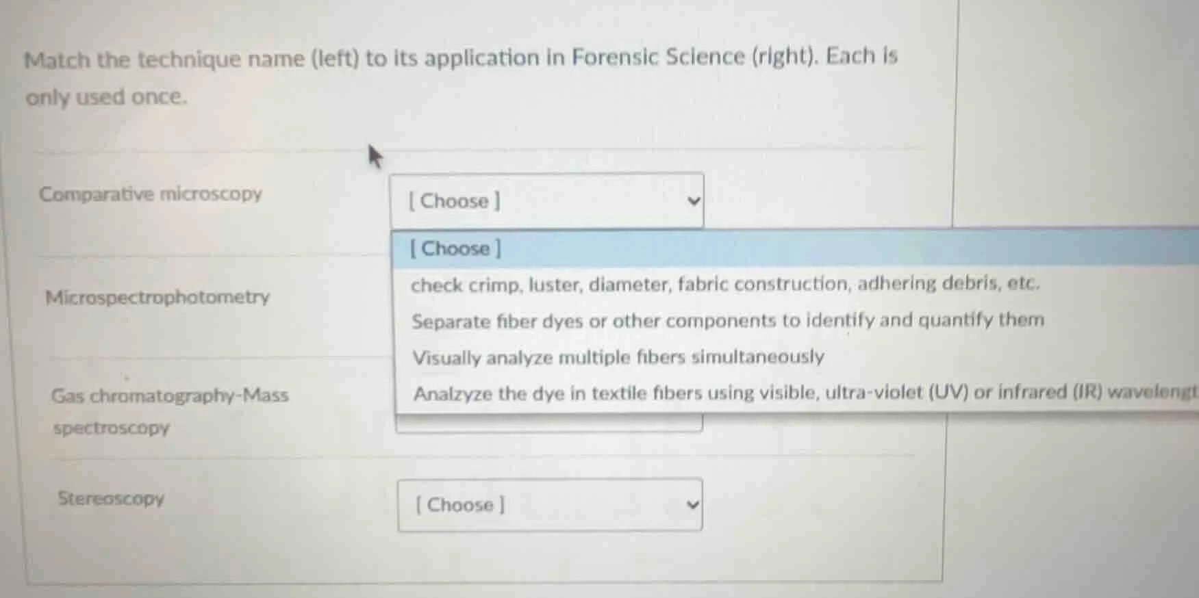 match the technique name (left) to its application in forensic science …