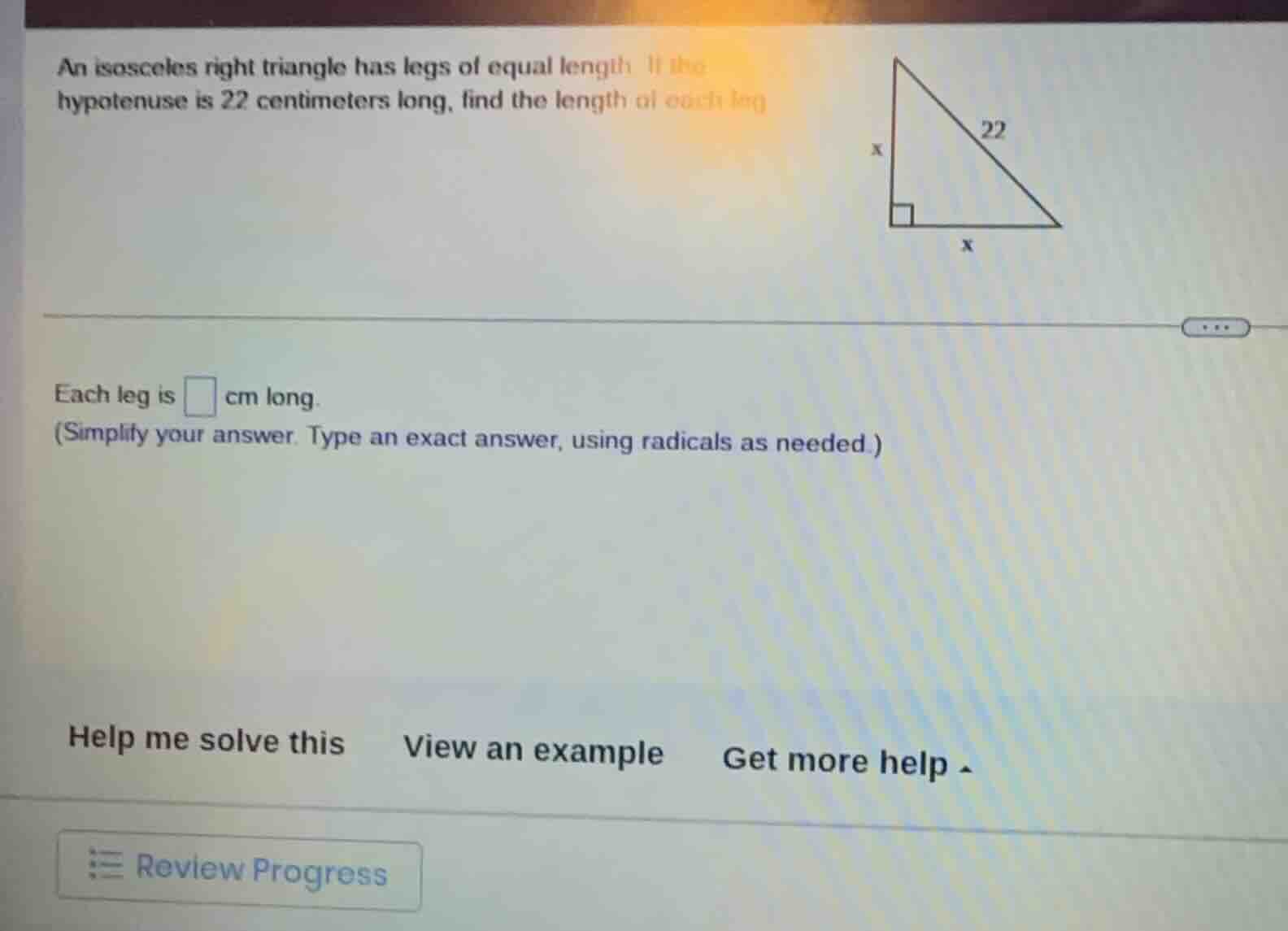 an isosceles right triangle has legs of equal length. if the hypotenuse…