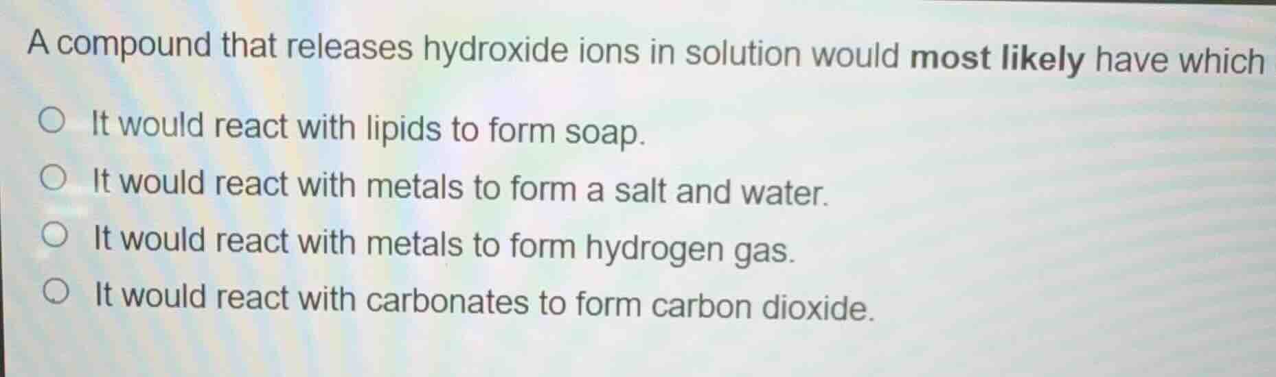 a compound that releases hydroxide ions in solution would most likely h…