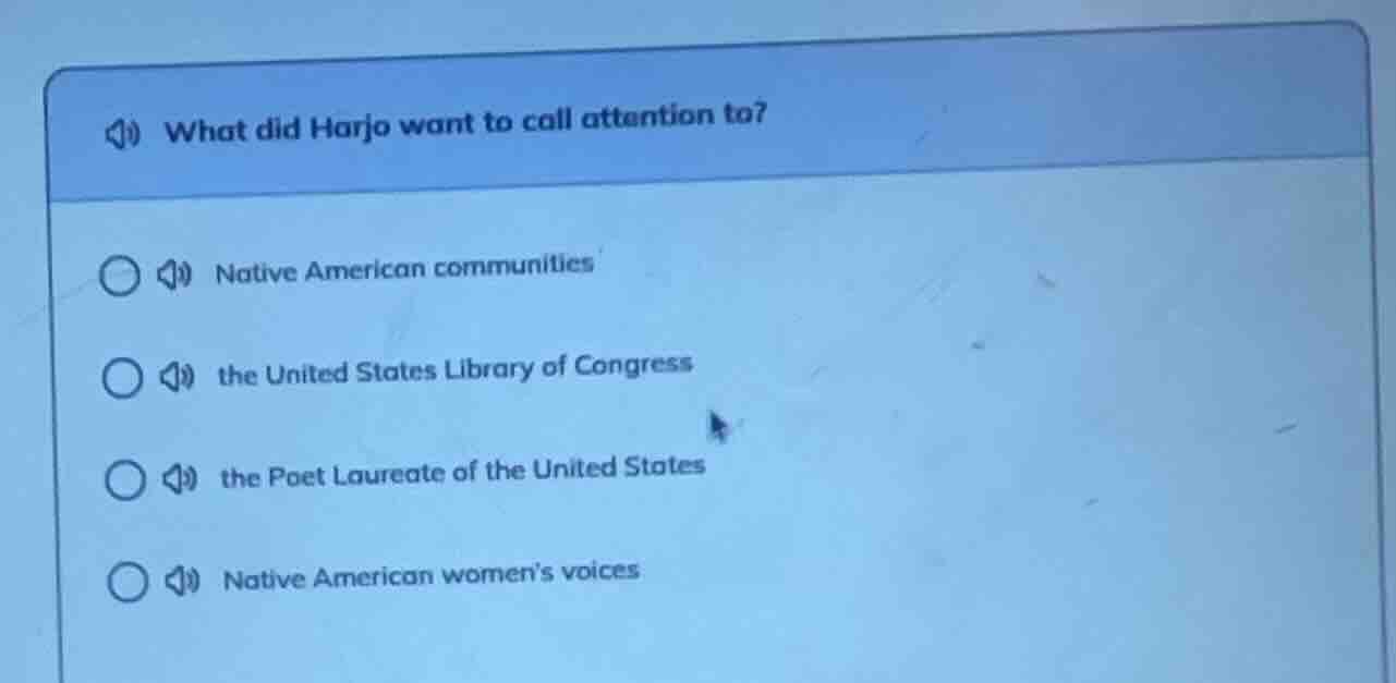 what did harjo want to call attention to? native american communities t…