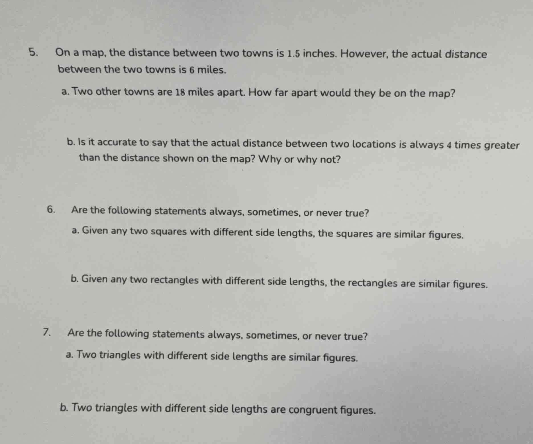 5. on a map, the distance between two towns is 1.5 inches. however, the…