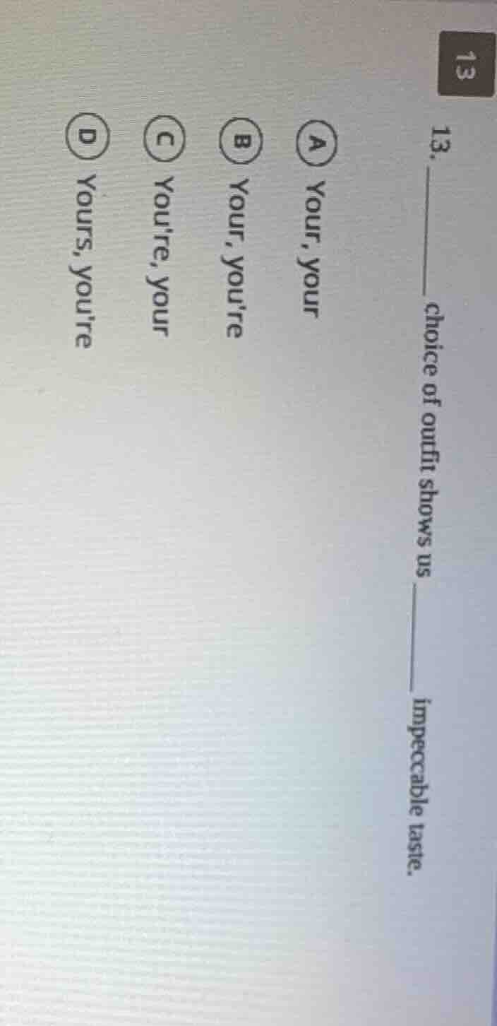 13. ______ choice of outfit shows us ______ impeccable taste. a your, y…