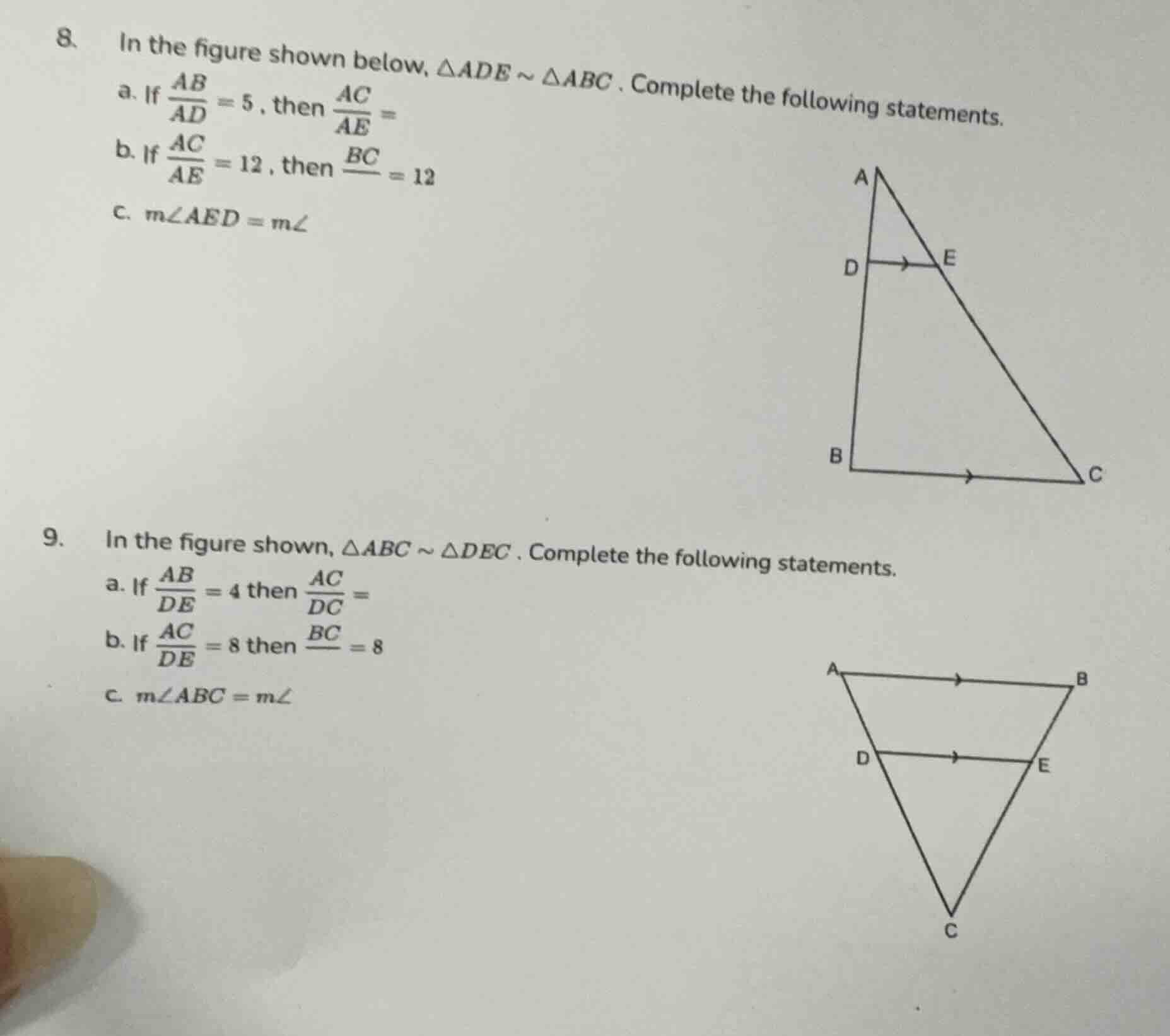 8. in the figure shown below, $\\triangle ade \\sim \\triangle abc$. co…