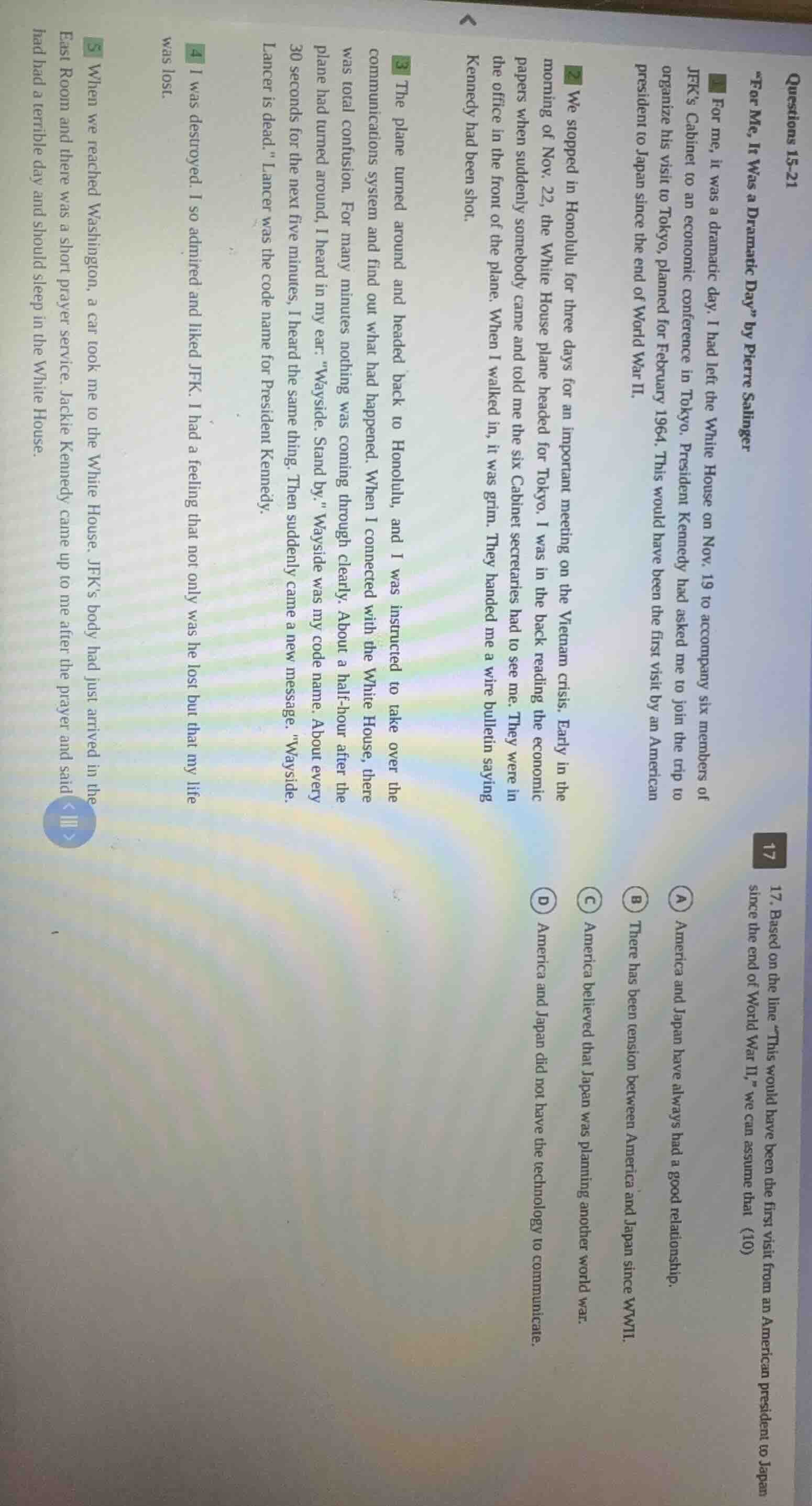 questions 15-21 *for me, it was a dramatic day\ by pierre salinger 1 fo…