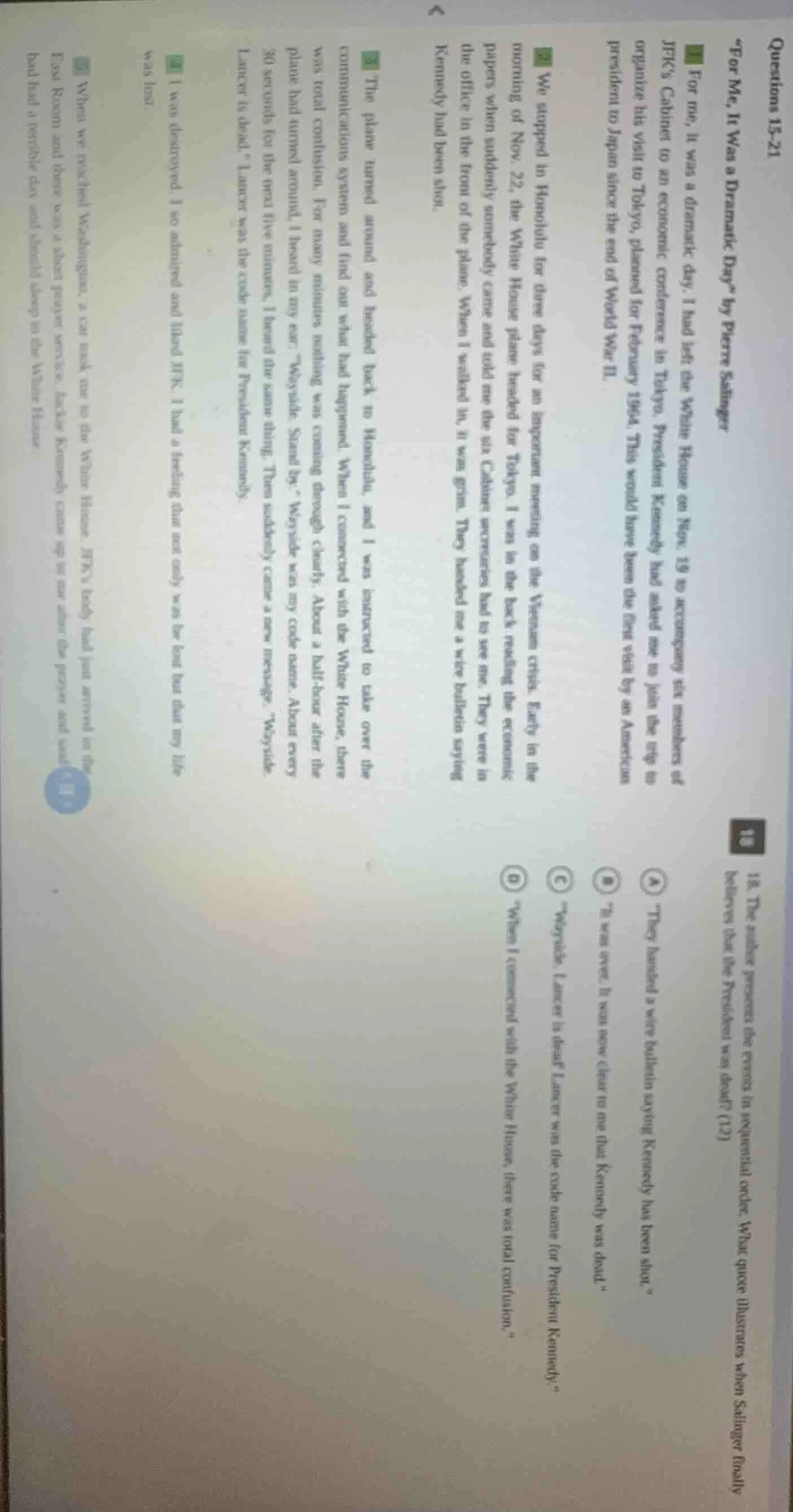 questions 15-21 \for me, it was a dramatic day\ by pierre salinger 1 fo…