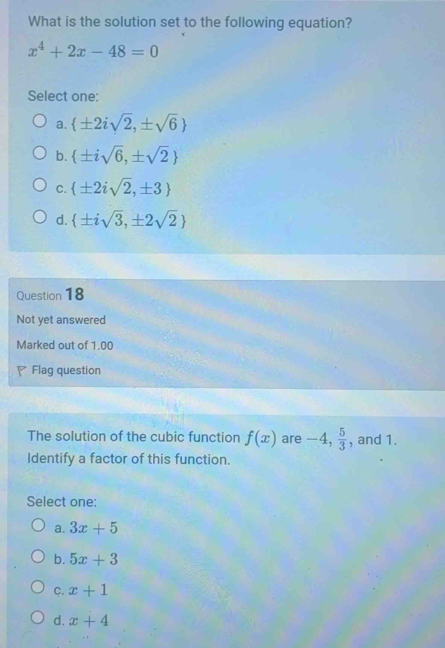 what is the solution set to the following equation? $x^4 + 2x - 48 = 0$…