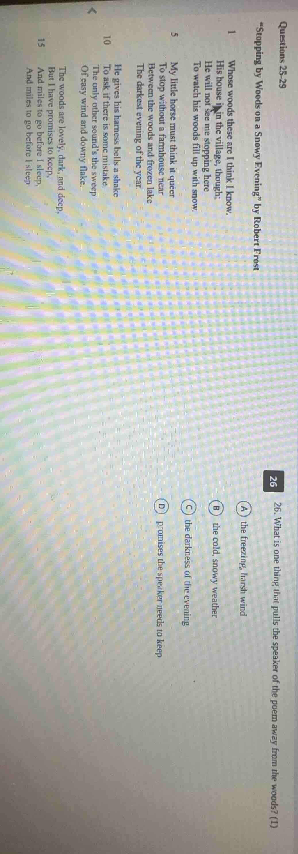 questions 25-29 \stopping by woods on a snowy evening\ by robert frost …