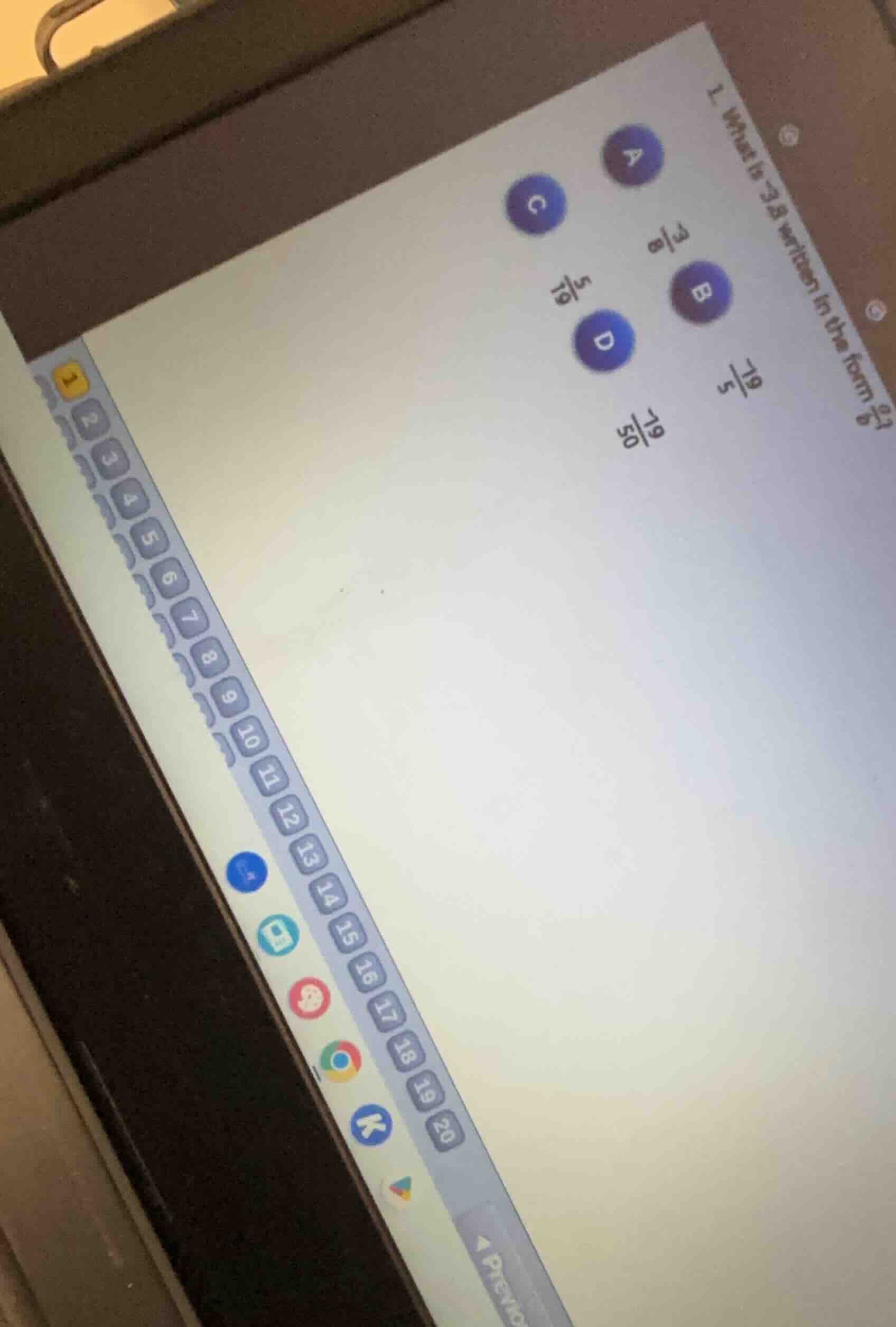 1. what is $-3.8$ written in the form $\\frac{a}{b}$? a. $\\frac{3}{8}$…