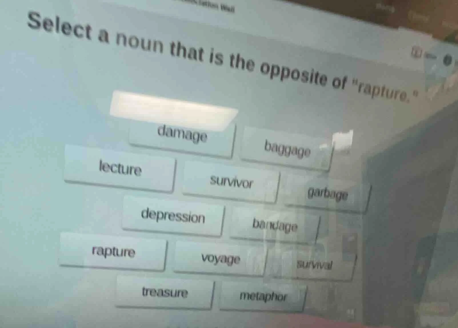 select a noun that is the opposite of apture.\damagebaggagelecturesurvi…