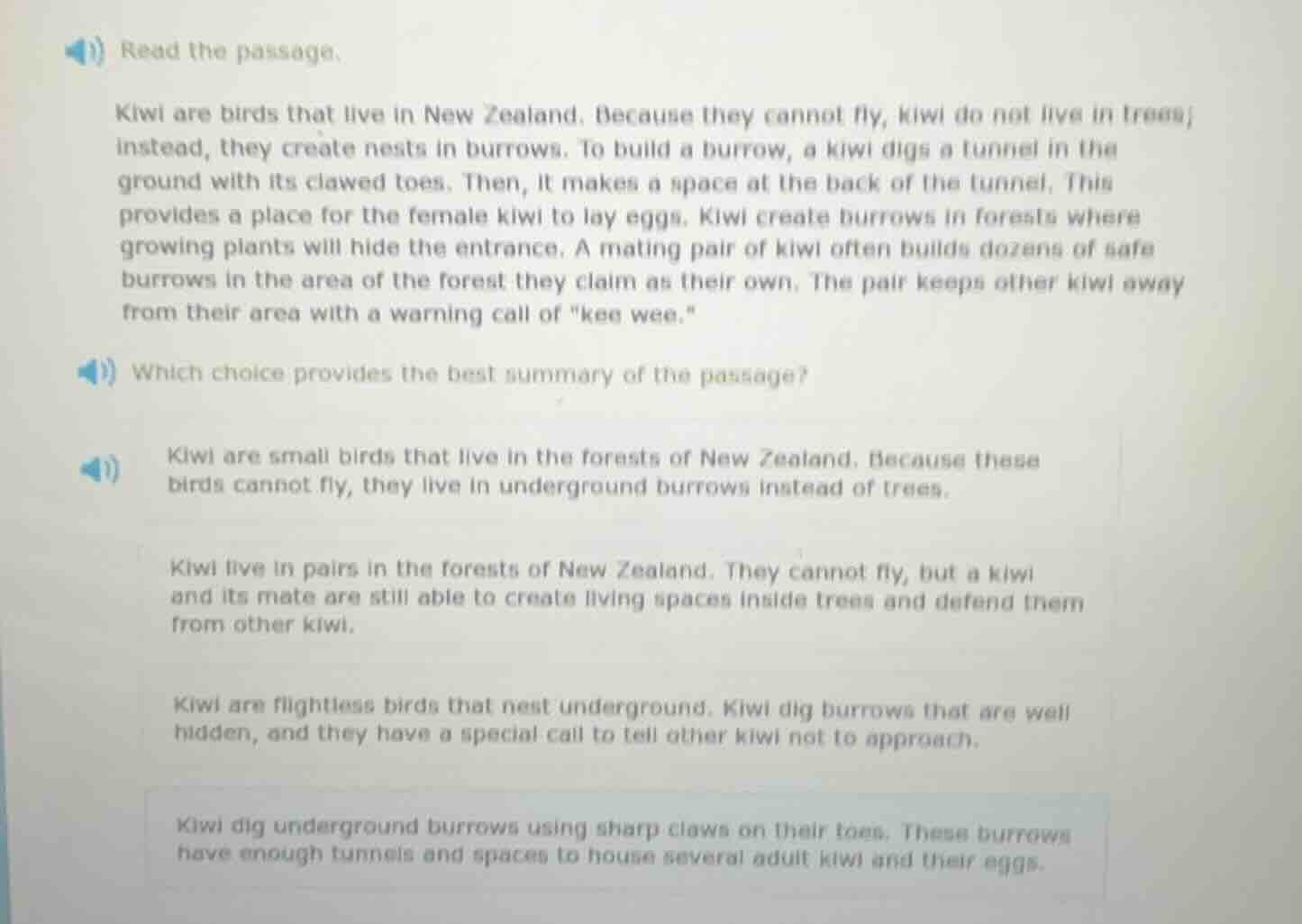 read the passage. kiwi are birds that live in new zealand. because they…