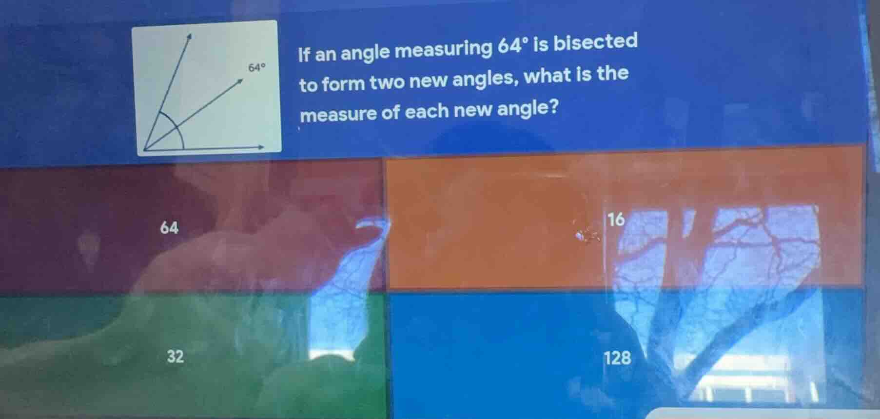 if an angle measuring $64^{\\circ}$ is bisected to form two new angles,…
