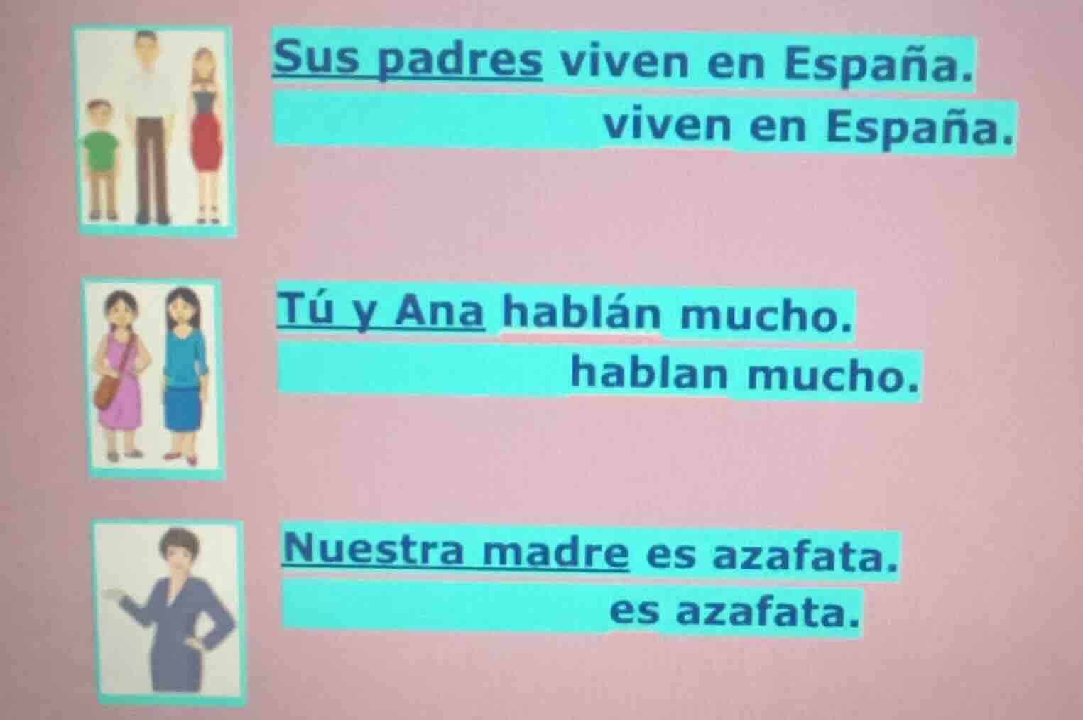 sus padres viven en españa. viven en españa. tú y ana hablán mucho. hab…