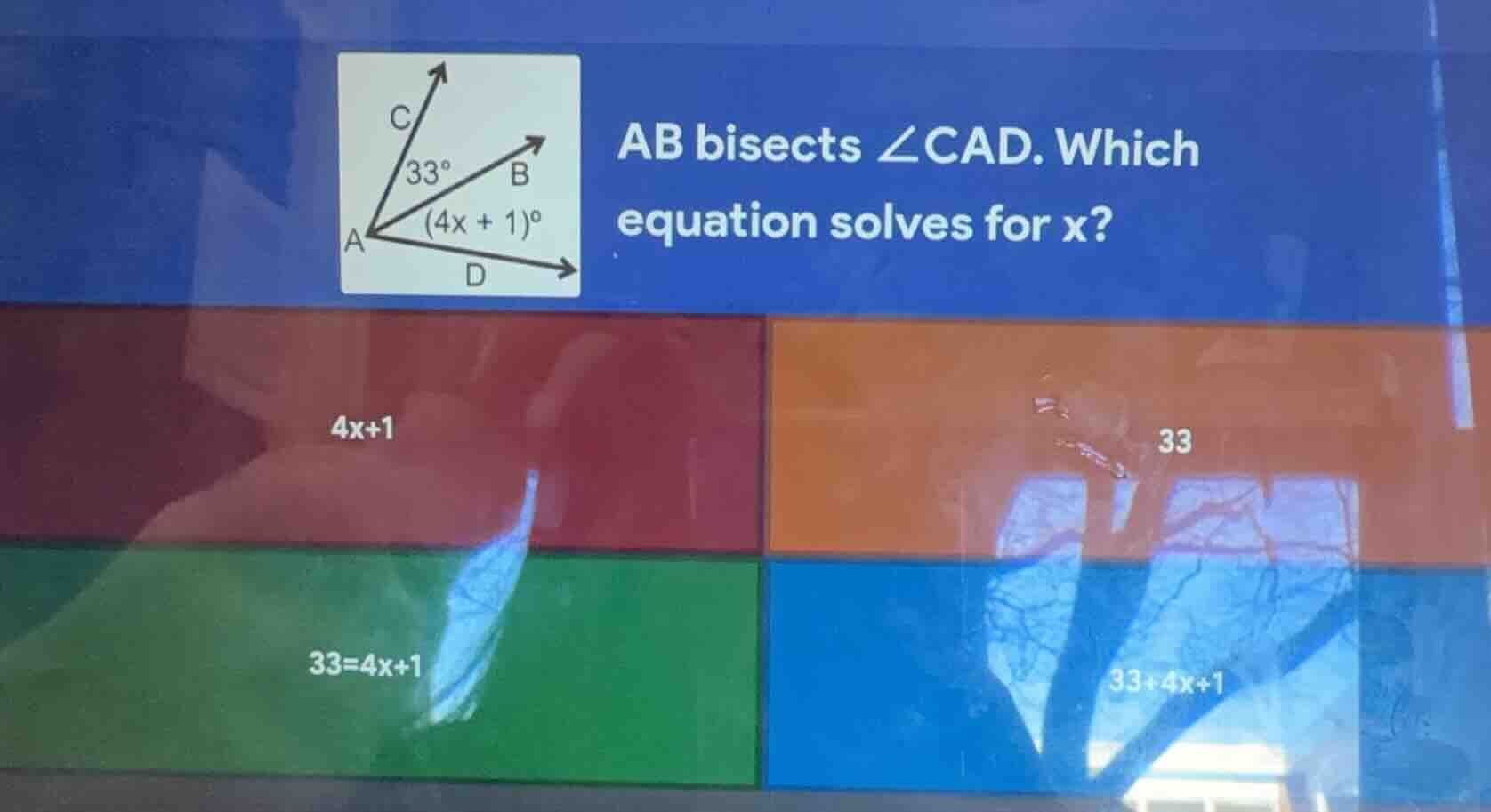 ab bisects $angle cad$. which equation solves for x? options: $4x+1$ $3…