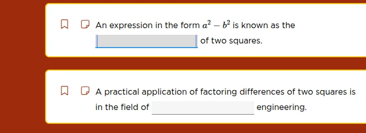 an expression in the form $a^2 - b^2$ is known as the ______ of two squ…