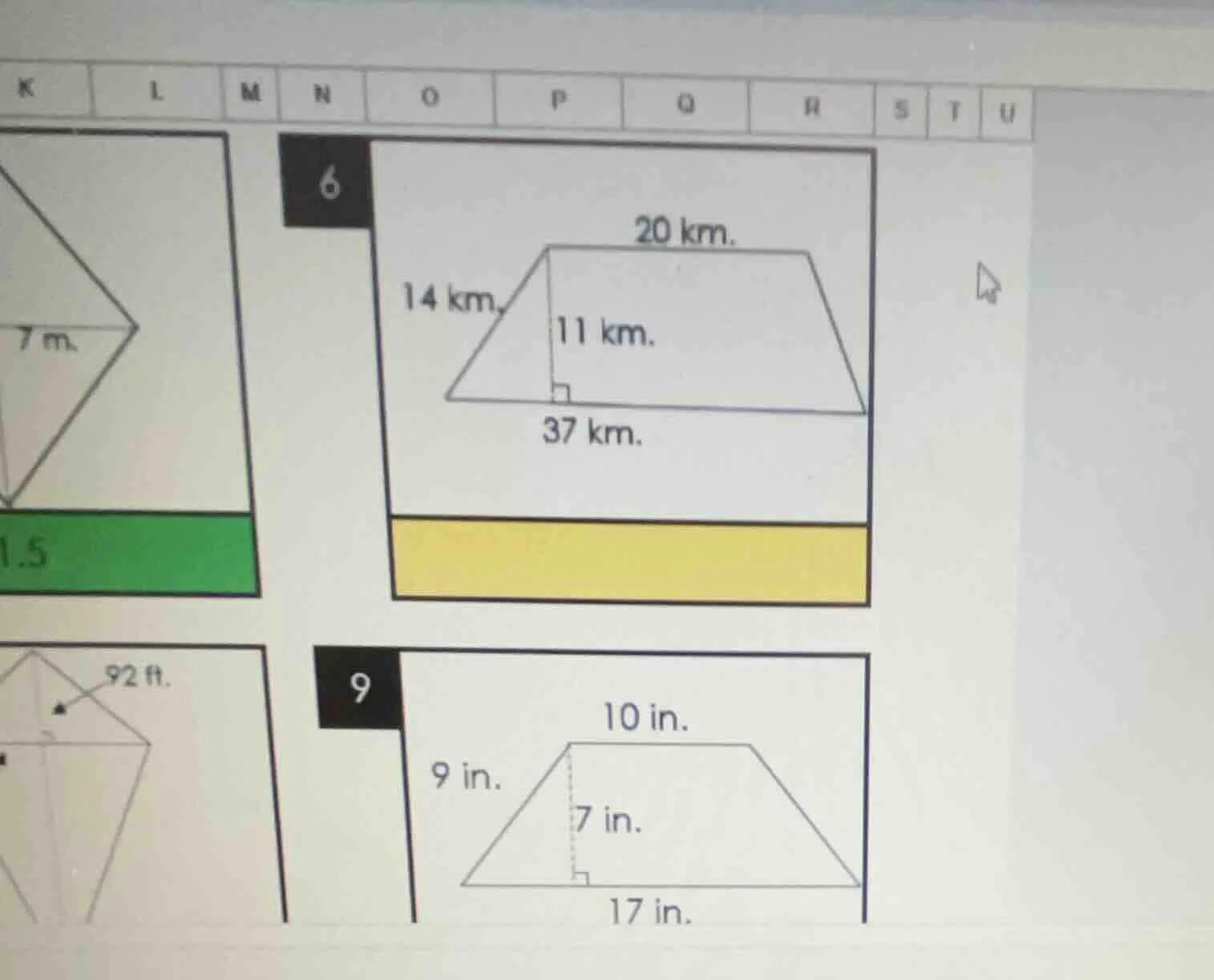 6 20 km. 14 km. 11 km. 37 km. 9 10 in. 9 in. 7 in. 17 in.