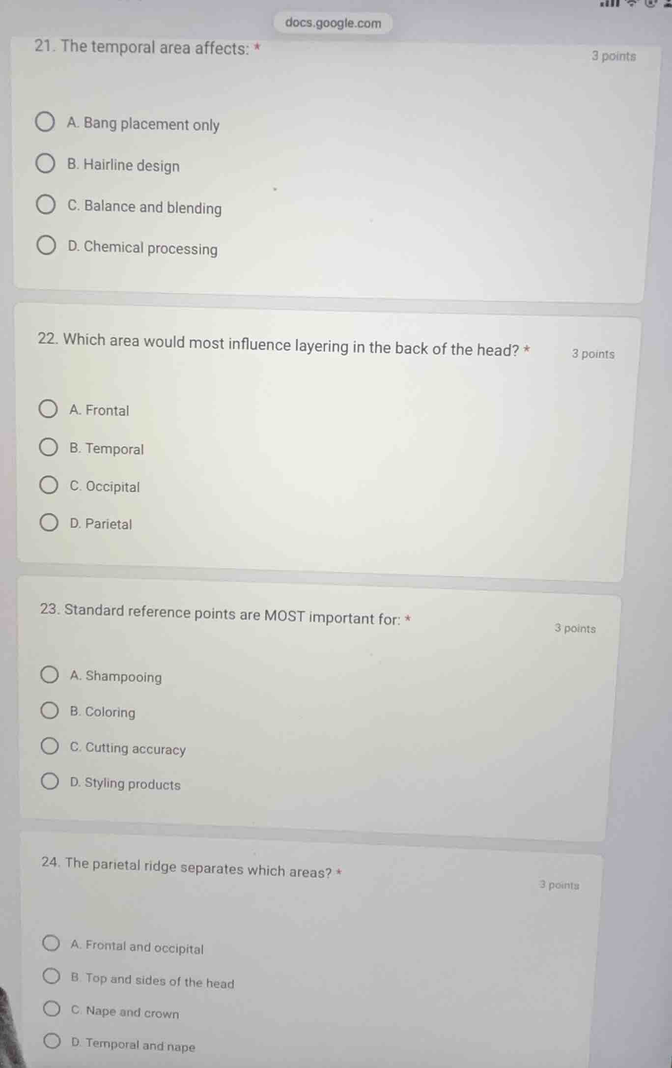 21. the temporal area affects: * 3 points a. bang placement only b. hai…