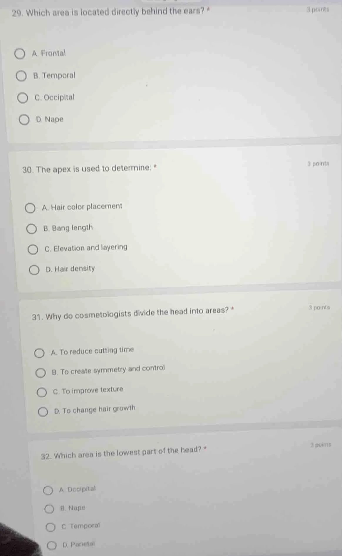 29. which area is located directly behind the ears? *3 pointsa. frontal…