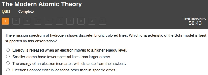 the modern atomic theory quiz complete 1 2 3 4 5 6 7 8 9 10 time remain…