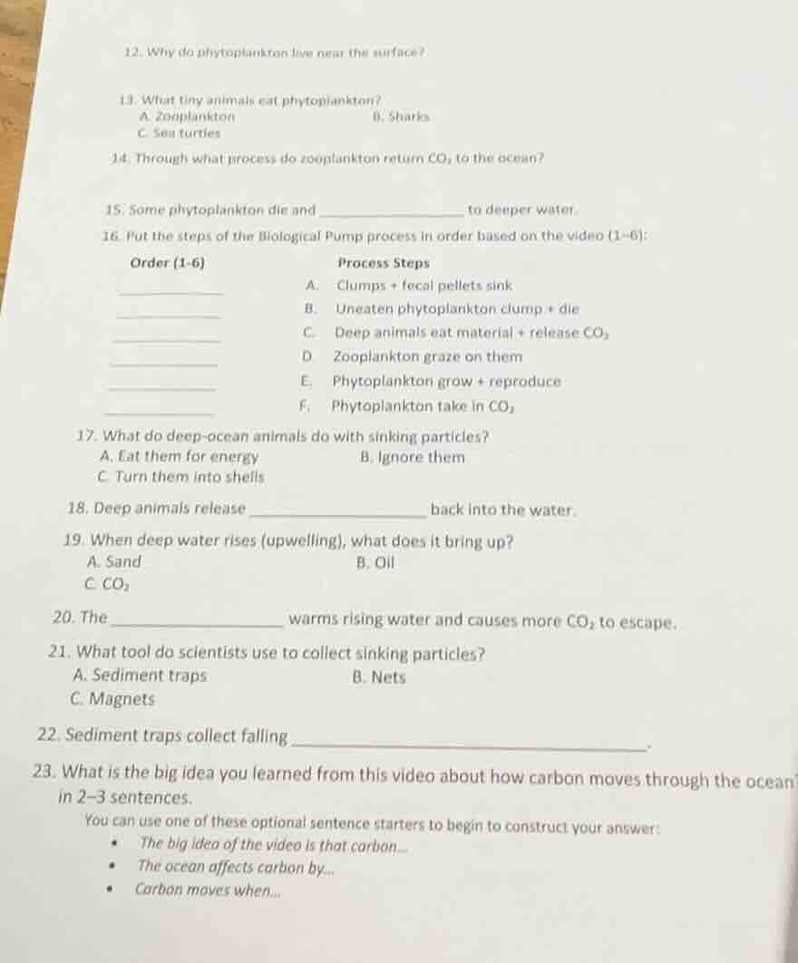 12. why do phytoplankton live near the surface? 13. what tiny animals e…