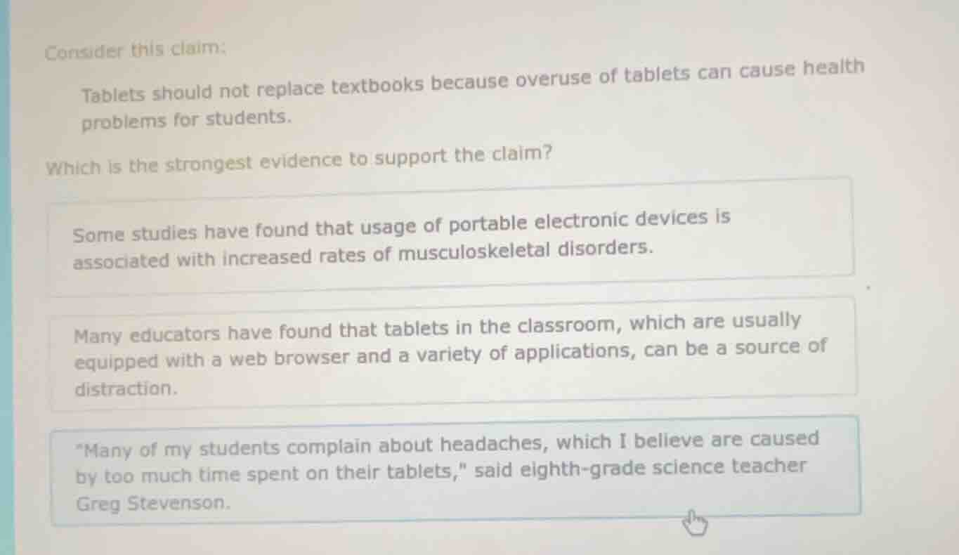 consider this claim: tablets should not replace textbooks because overu…