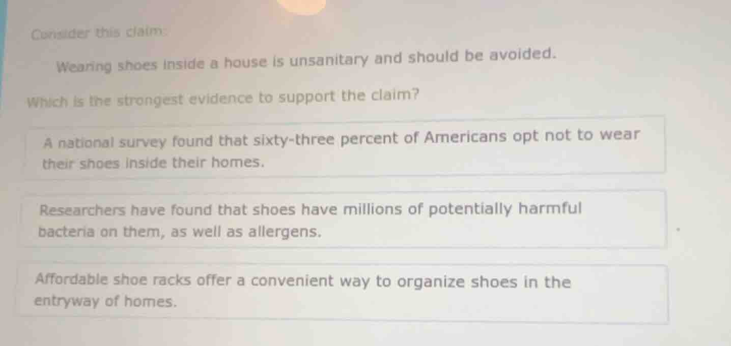consider this claim: wearing shoes inside a house is unsanitary and sho…