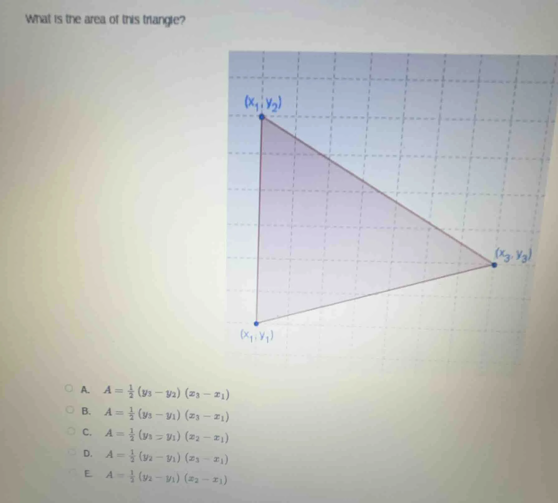 what is the area of this triangle? a. $a=\\frac{1}{2}(y_3 - y_2)(x_3 - …
