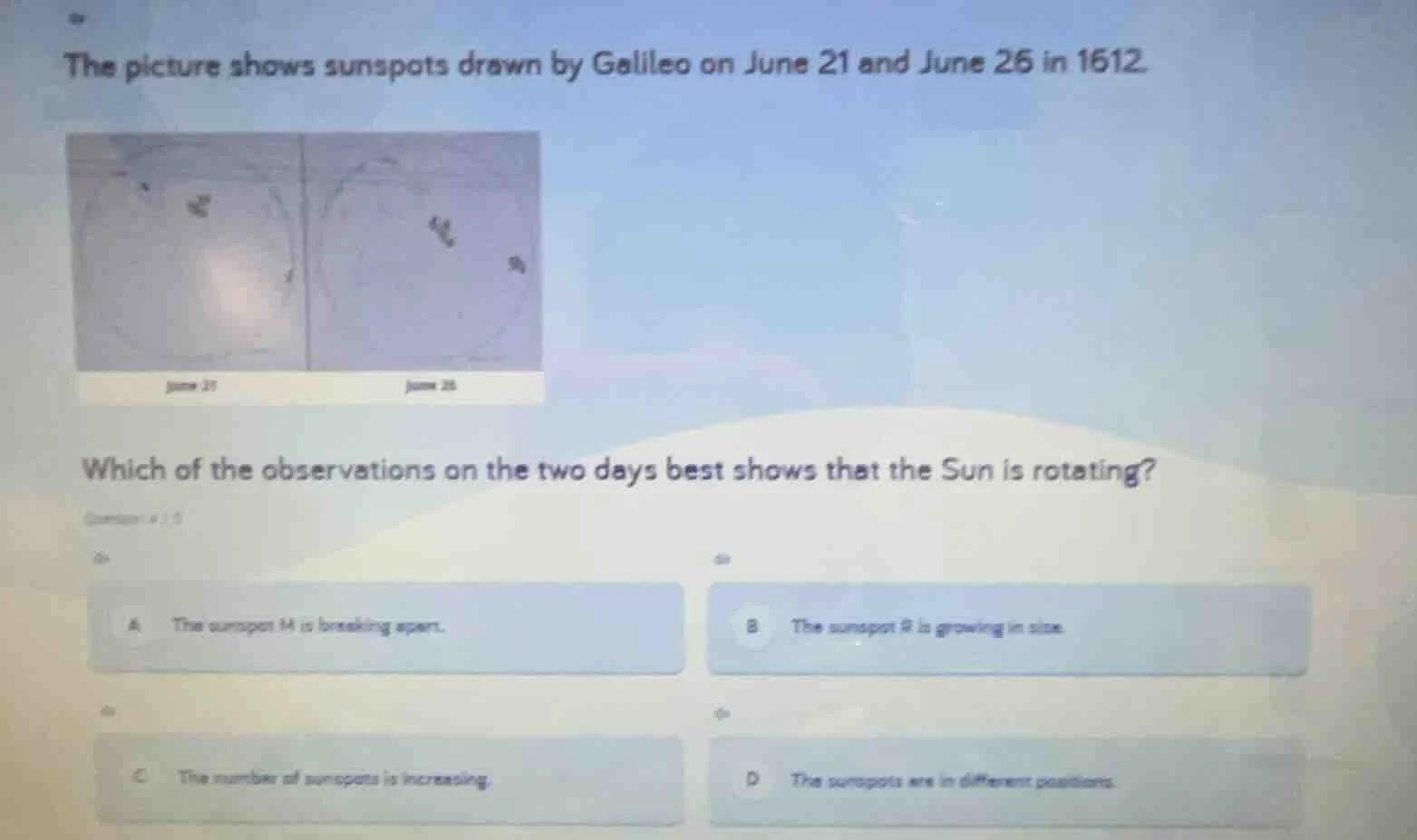 the picture shows sunspots drawn by galileo on june 21 and june 26 in 1…