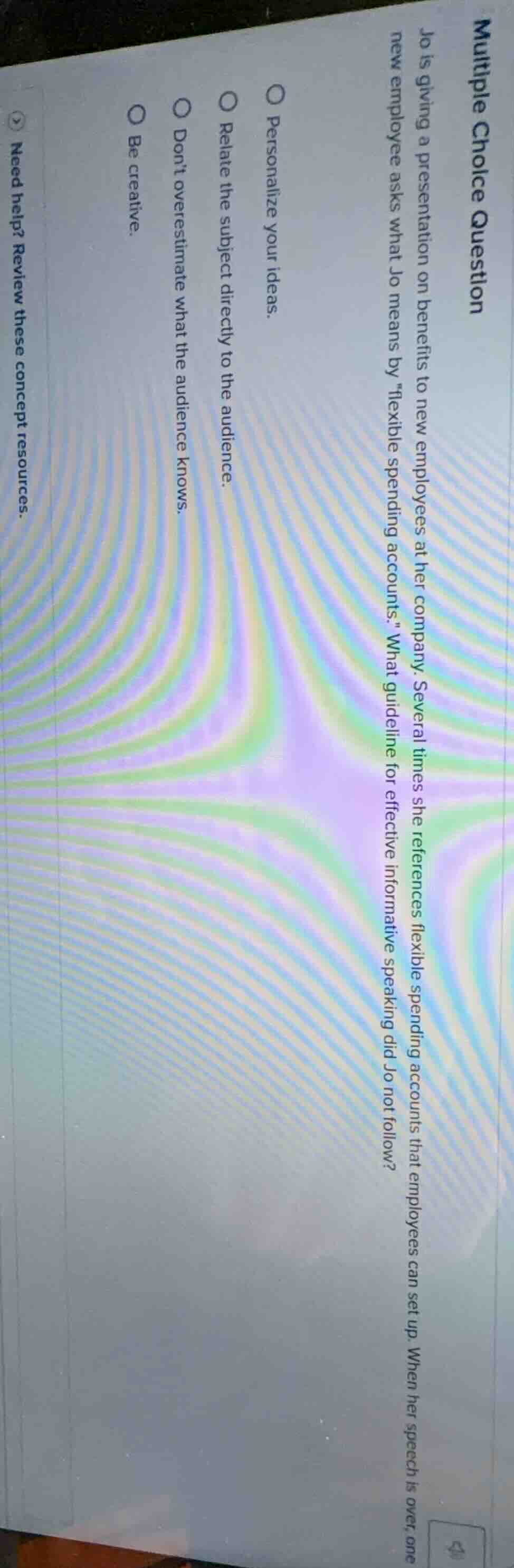 multiple choice question jo is giving a presentation on benefits to new…