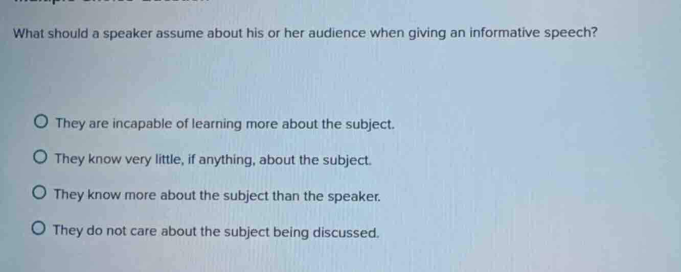 what should a speaker assume about his or her audience when giving an i…