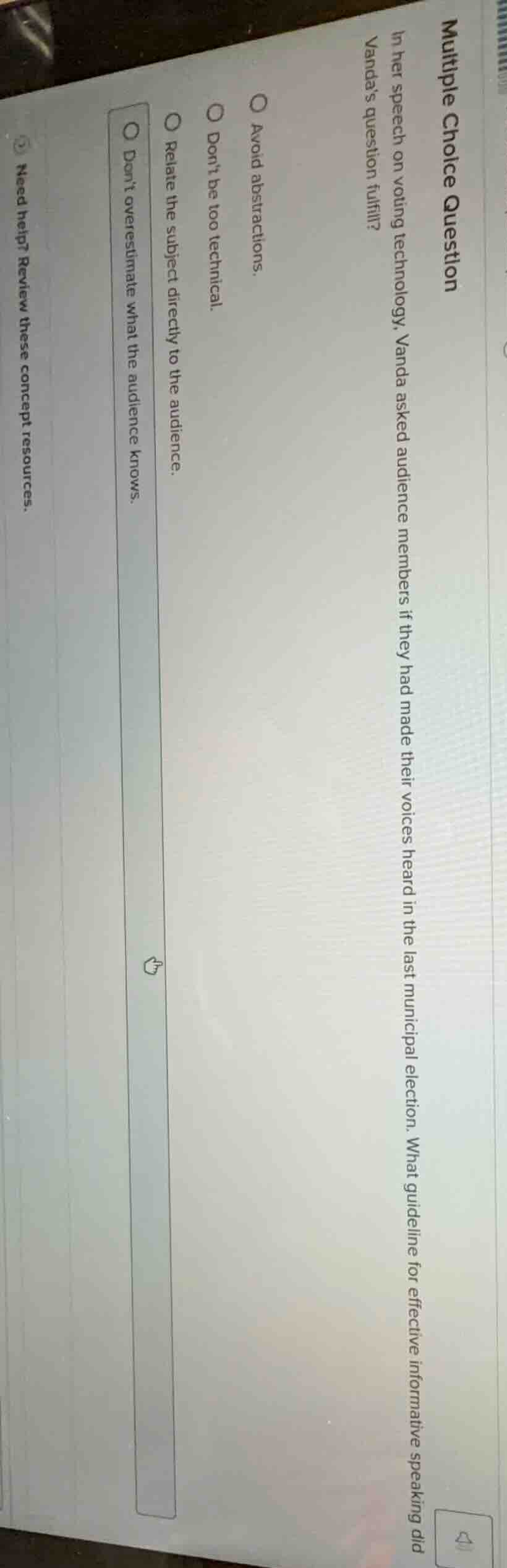 multiple choice question in her speech on voting technology, vanda aske…