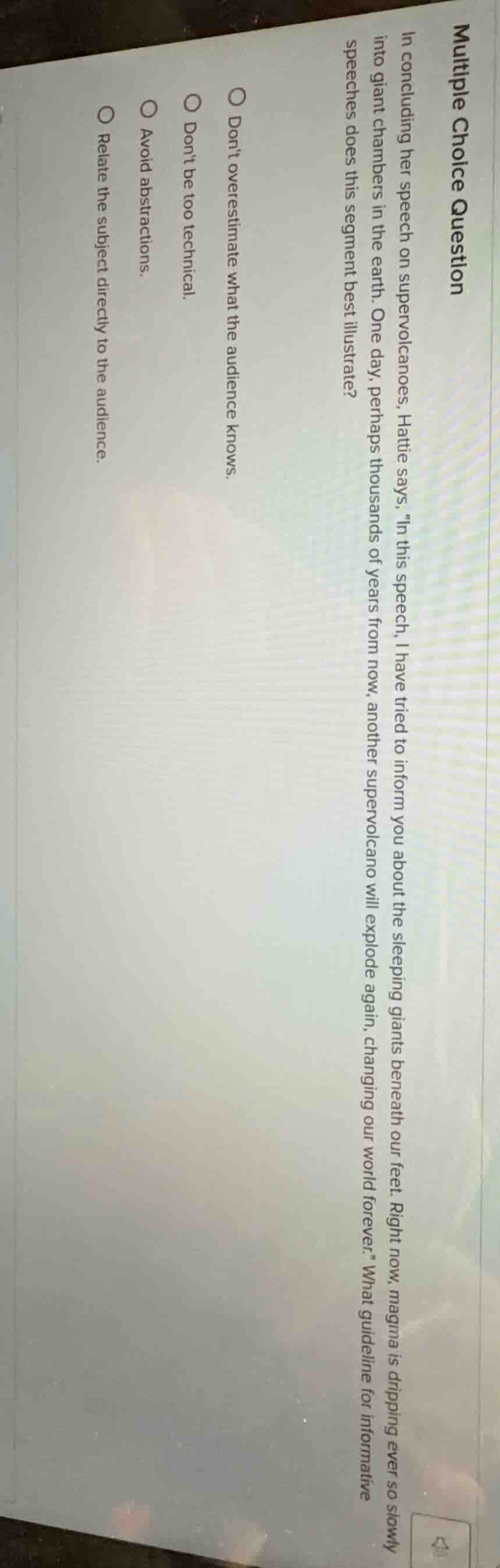 multiple choice question in concluding her speech on supervolcanoes, ha…