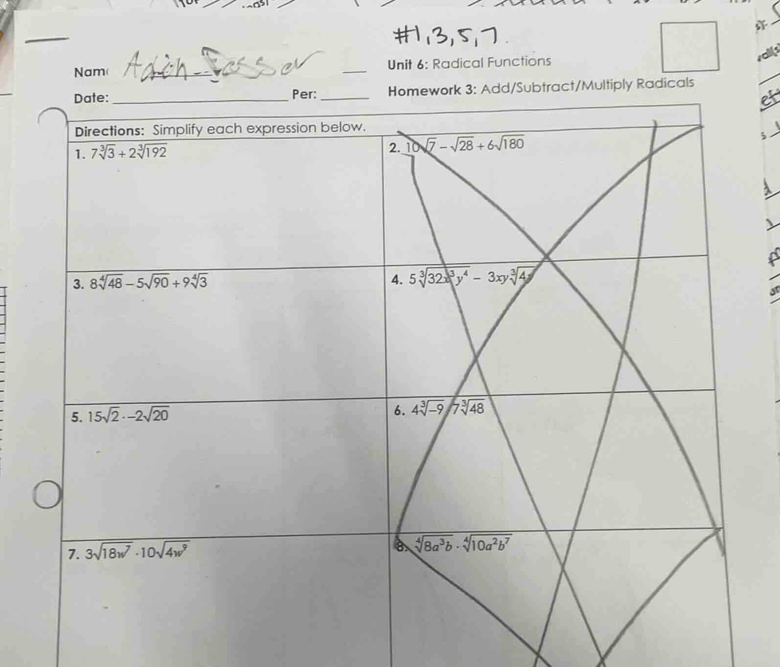 #1,3,5,7 name unit 6: radical functions date: ____________ per: _______…