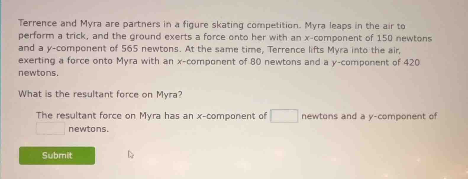 terrence and myra are partners in a figure skating competition. myra le…