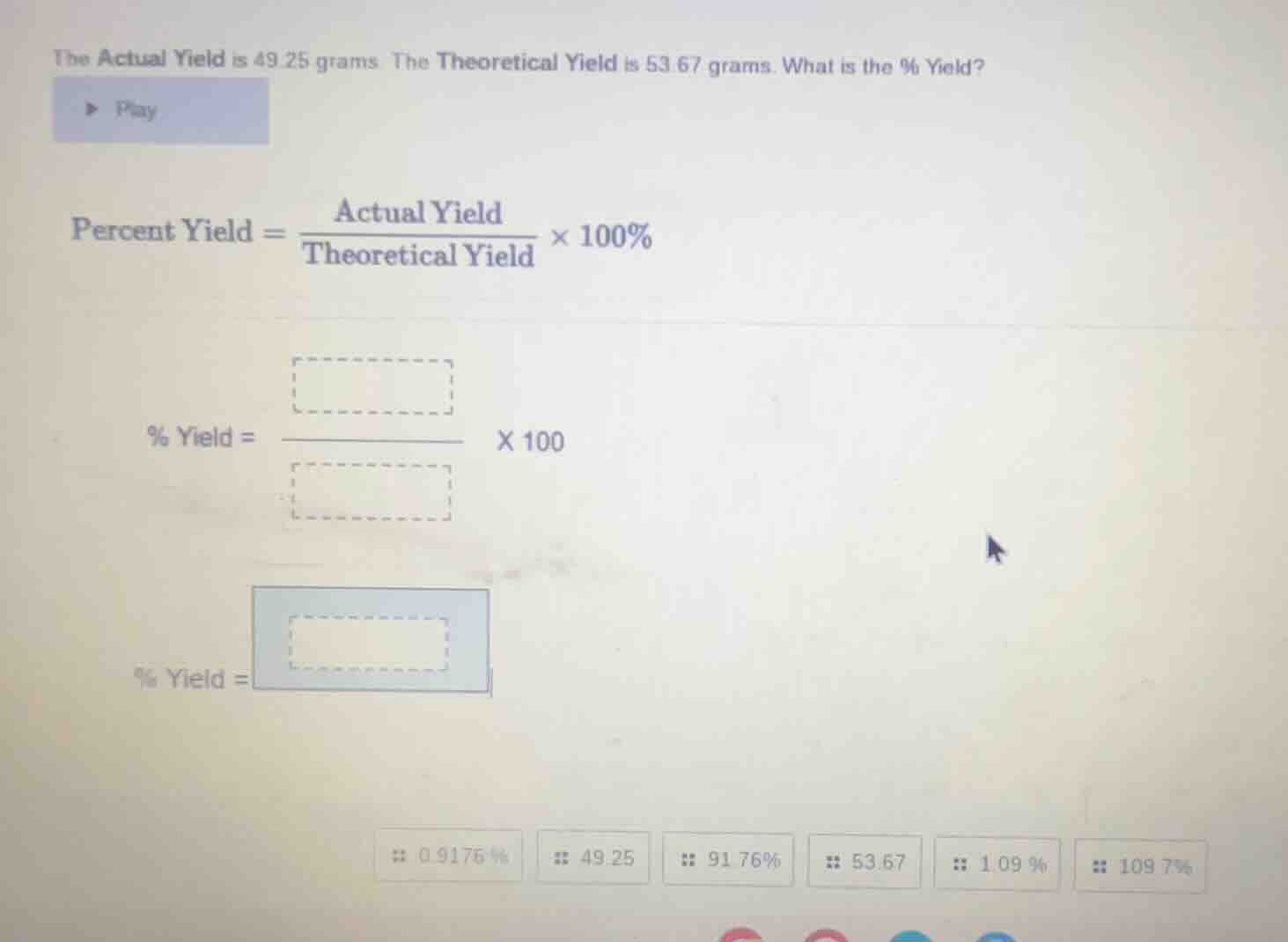 the actual yield is 49.25 grams. the theoretical yield is 53.67 grams. …