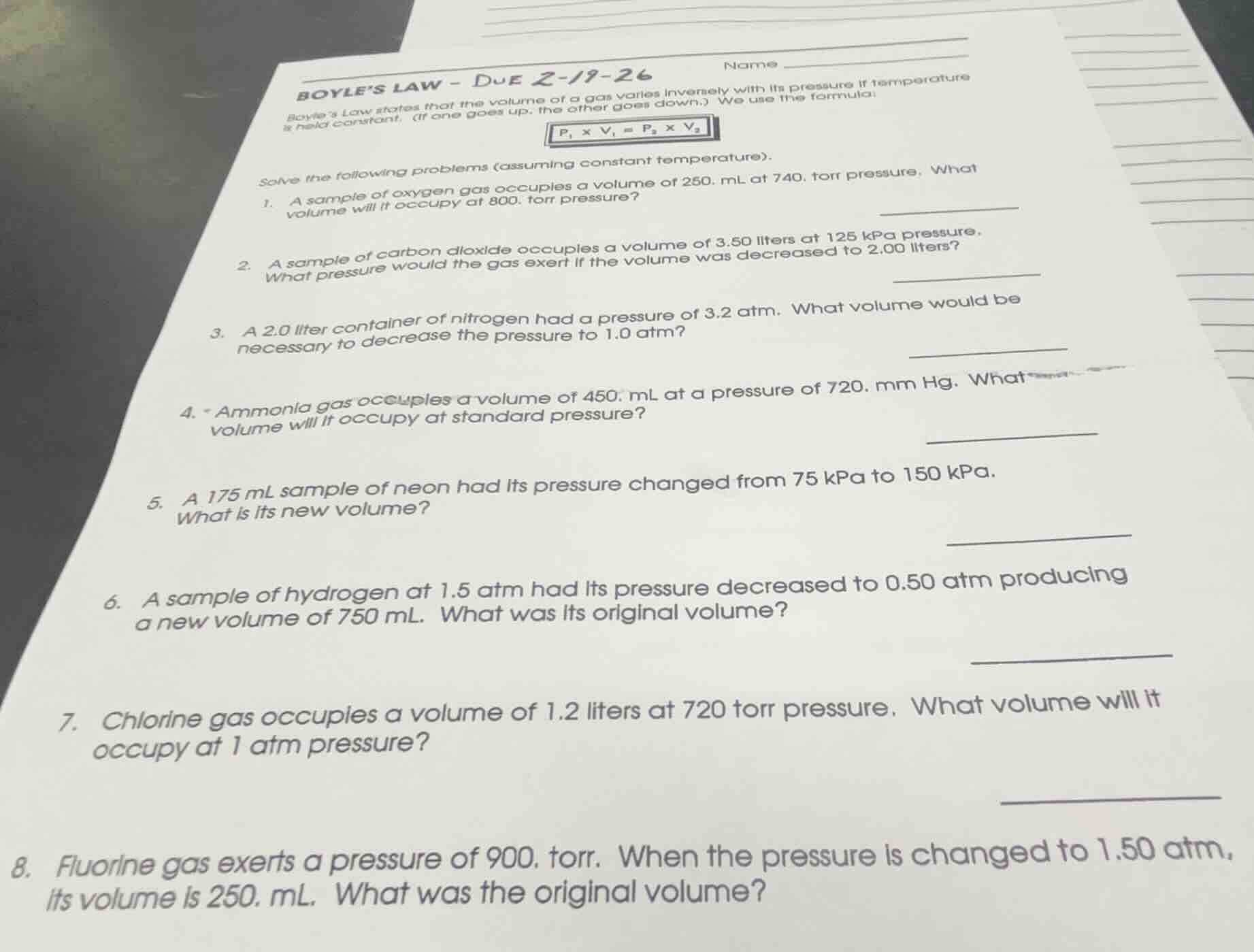 boyles law - due 2-19-26 name boyles law states that the volume of a ga…