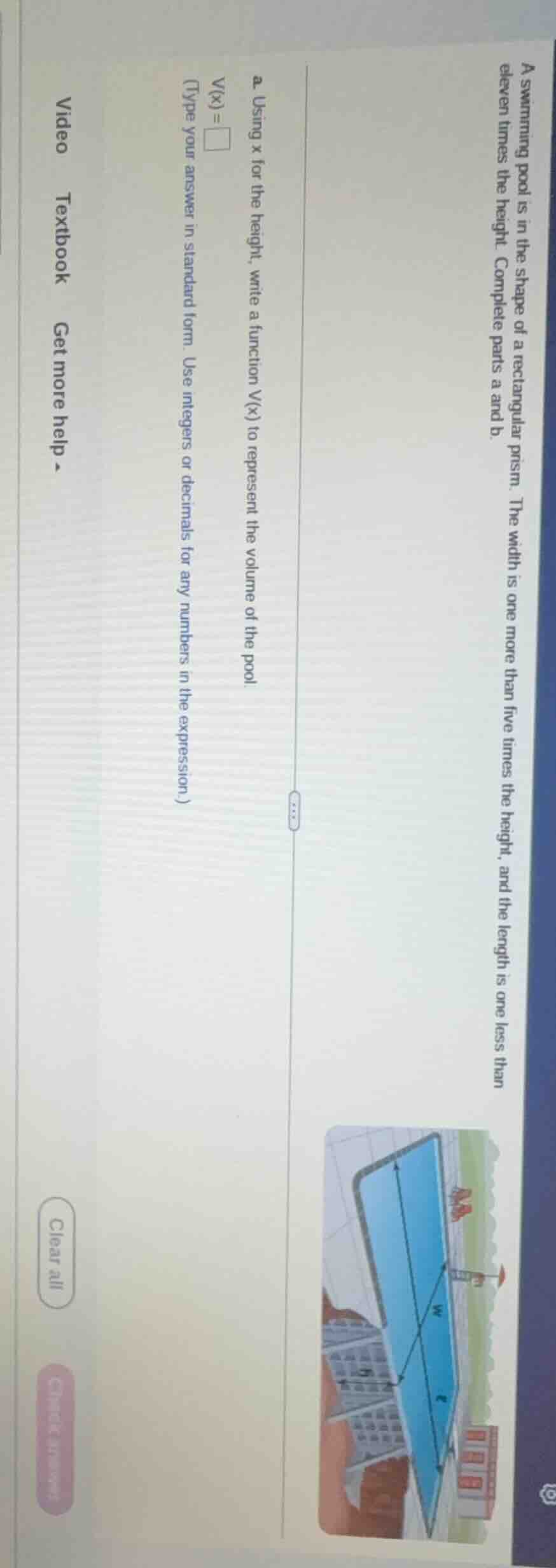 a swimming pool is in the shape of a rectangular prism. the width is on…